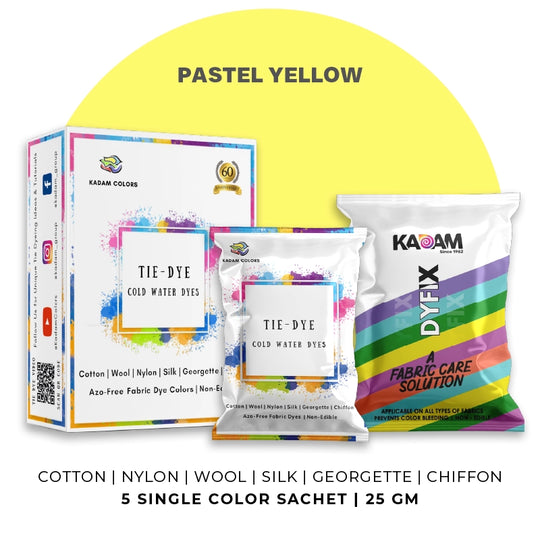 Pastel Yellow themed display of Kadam Colors Tie-Dye Cold Water Dyes kit featuring 5 single-color sachets.