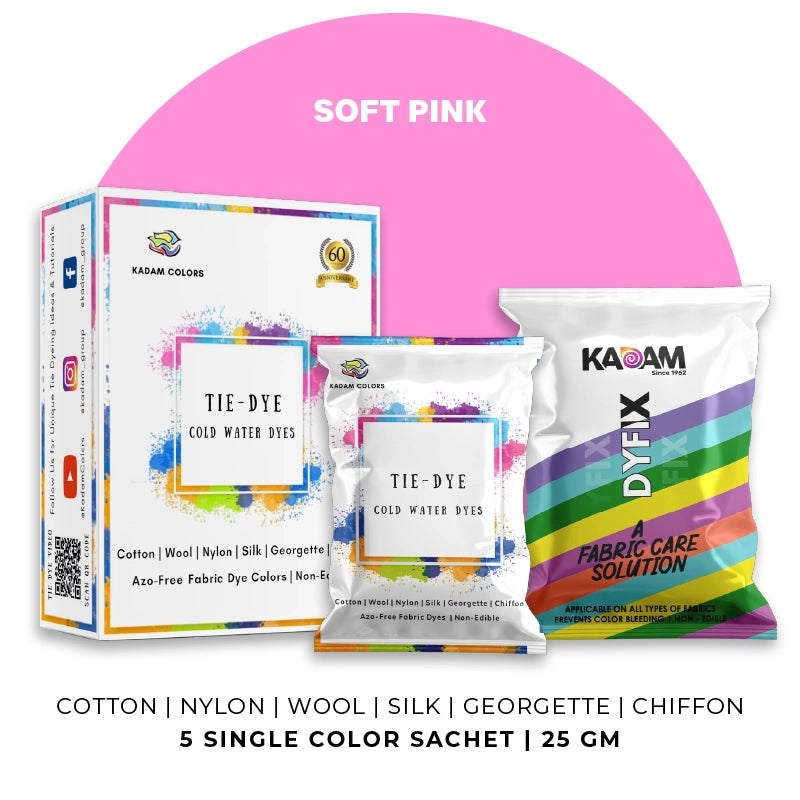 Soft Pink themed display of Kadam Colors Tie-Dye Cold Water Dyes kit featuring 5 single-color sachets.