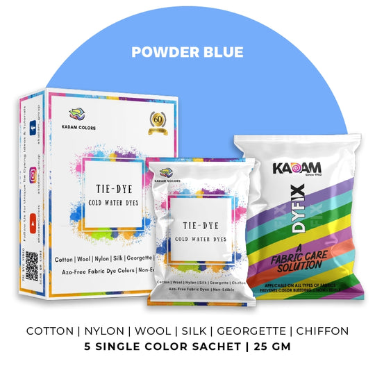 Powder Blue themed display of Kadam Colors Tie-Dye Cold Water Dyes kit featuring 5 single-color sachets.