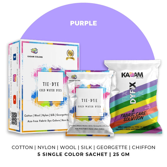 Purple themed display of Kadam Colors Tie-Dye Cold Water Dyes kit featuring 5 single-color sachets.