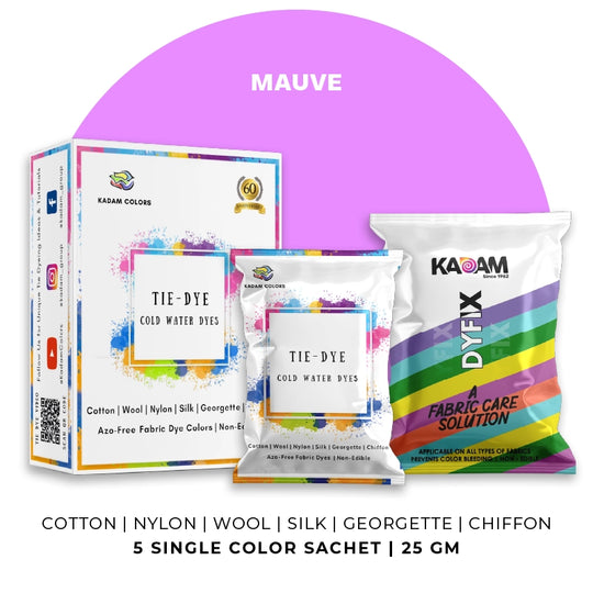 Mauve themed display of Kadam Colors Tie-Dye Cold Water Dyes kit featuring 5 single-color sachets.