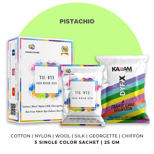 Pistachio themed display of Kadam Colors Tie-Dye Cold Water Dyes kit featuring 5 single-color sachets.