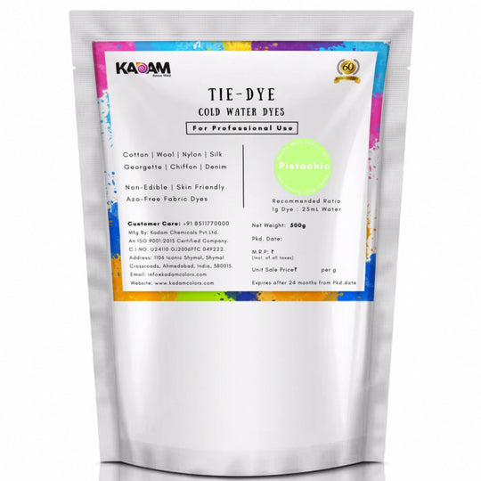 Pistachio shade cold water dye pouch by Kadam Colors.