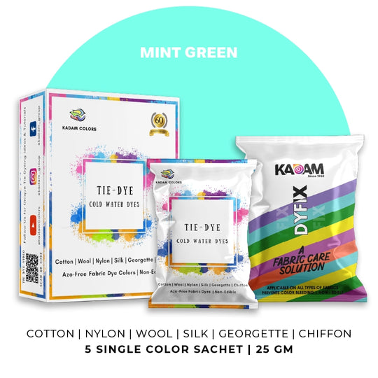 Mint Green themed display of Kadam Colors Tie-Dye Cold Water Dyes kit featuring 5 single-color sachets.