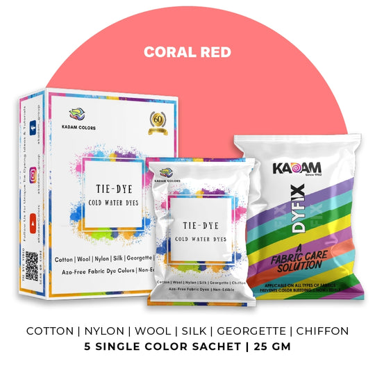 Coral Red themed display of Kadam Colors Tie-Dye Cold Water Dyes kit featuring 5 single-color sachets.