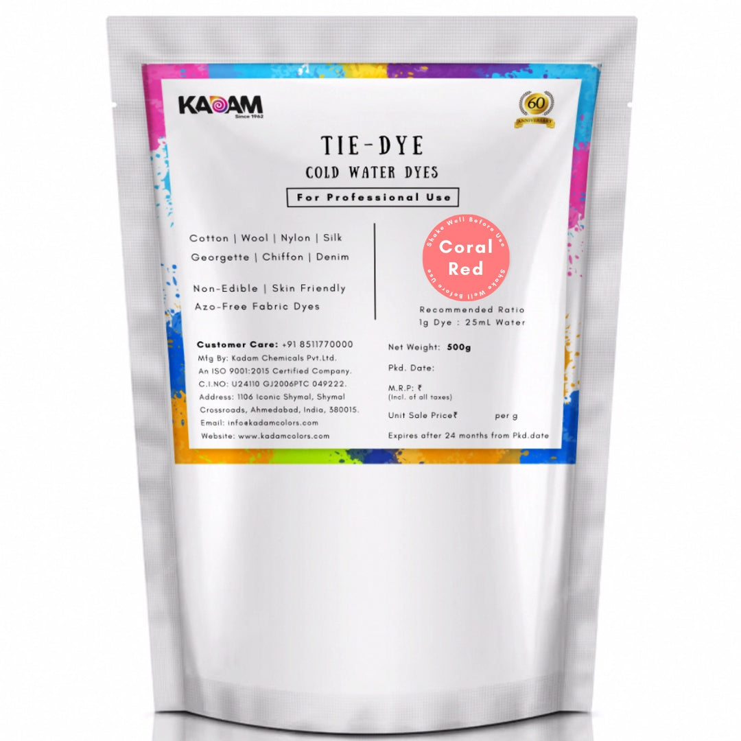 Coral Red shade cold water dye pouch by Kadam Colors.