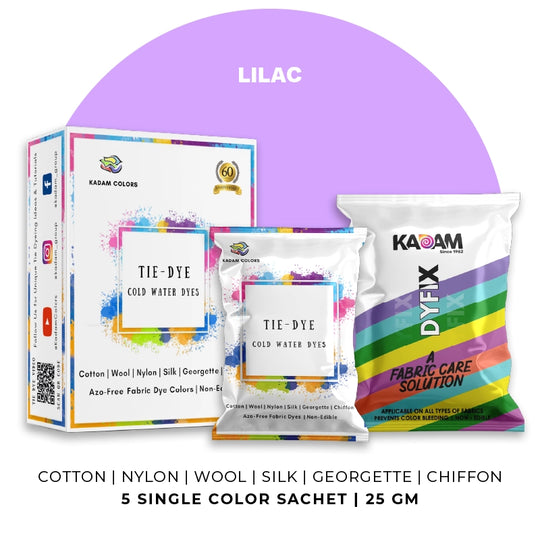 Lilac themed display of Kadam Colors Tie-Dye Cold Water Dyes kit featuring 5 single-color sachets.