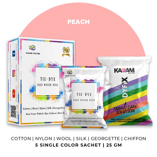 Peach themed display of Kadam Colors Tie-Dye Cold Water Dyes kit featuring 5 single-color sachets.