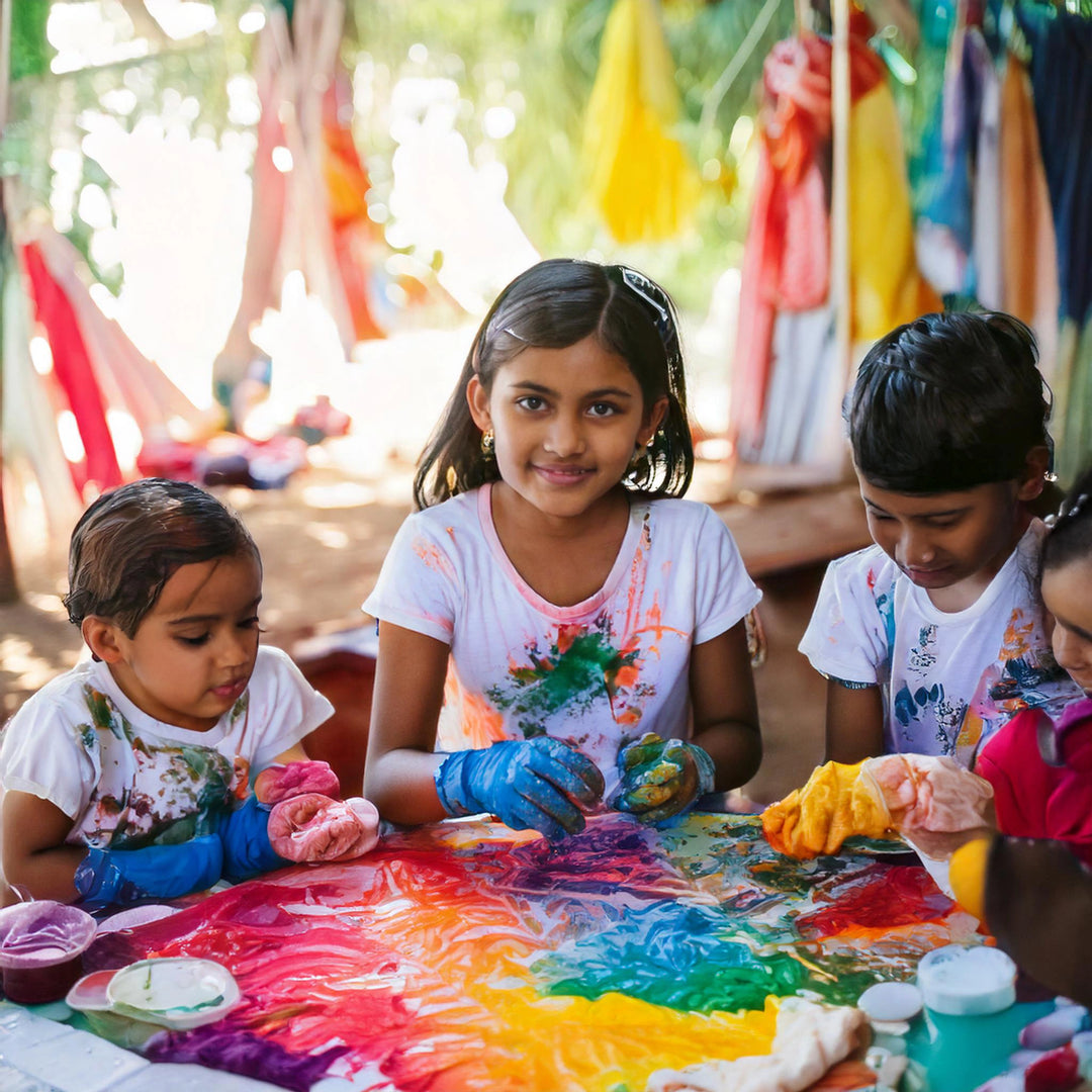 A group of children joyfully creating colorful tie-dye patterns using Kadam Colors dyes on fabric, showcasing creativity and fun in a vibrant outdoor setting.