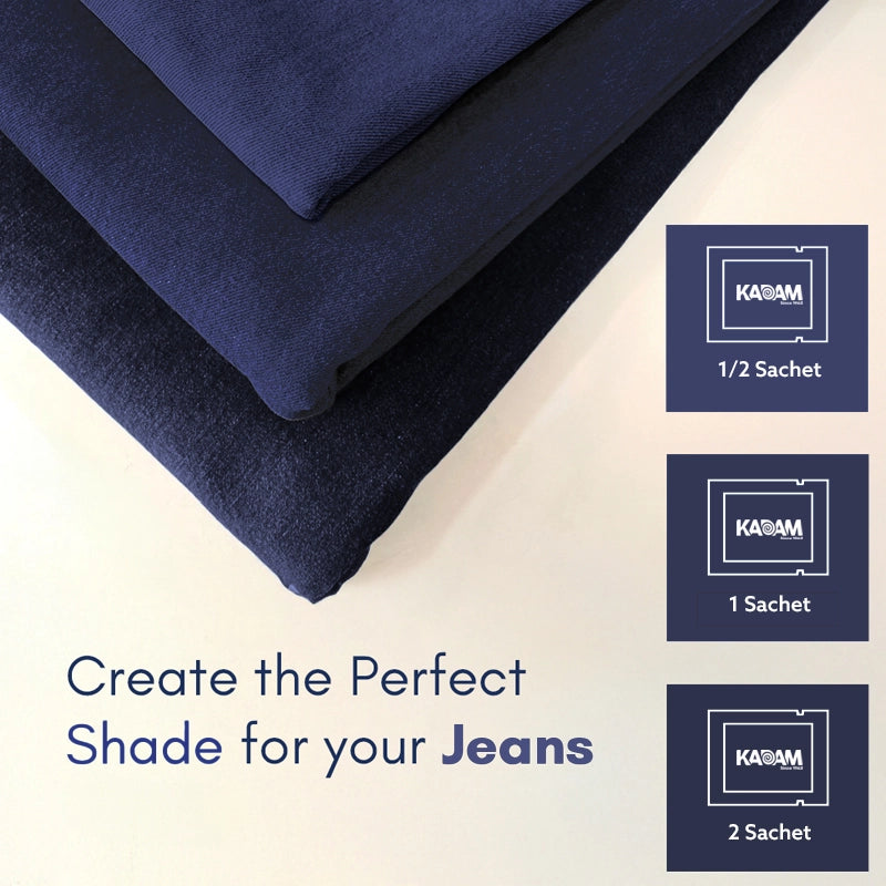 Navy fabric with Kadam branding and text about creating the perfect shade for jeans.
