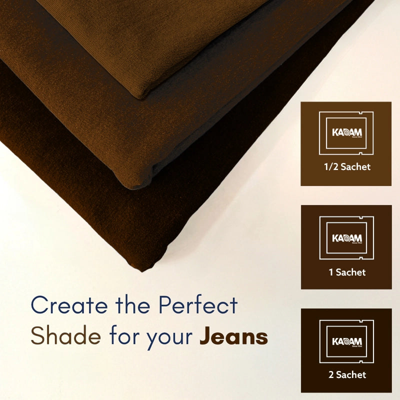 Brown fabric with Kadam branding and text about creating the perfect shade for jeans.