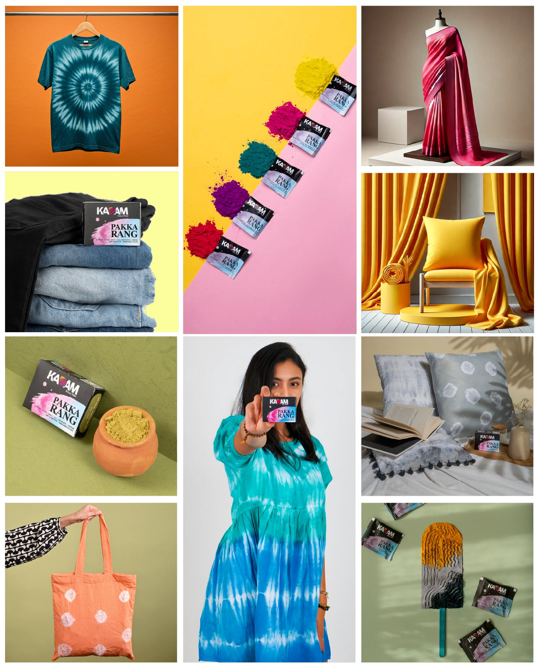 A vibrant collage featuring Kadam Colors' Pakka Rang fabric dyes, showcasing applications on various textiles including tie-dye t-shirts, denim, sarees, home decor like curtains and cushions, tote bags, and yarn, emphasizing the versatility and vivid results of the product