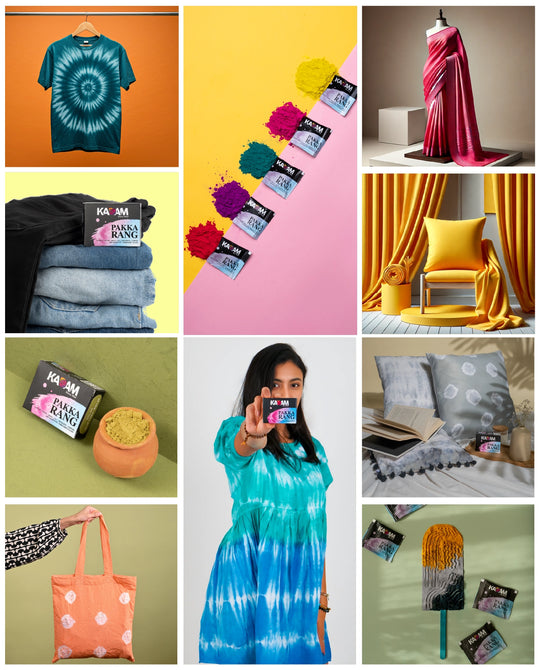 A vibrant collage featuring Kadam Colors' Pakka Rang fabric dyes, showcasing applications on various textiles including tie-dye t-shirts, denim, sarees, home decor like curtains and cushions, tote bags, and yarn, emphasizing the versatility and vivid results of the product